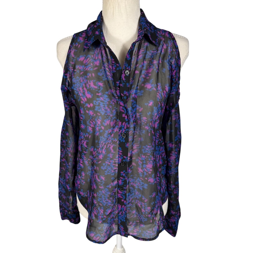 Nollie Cold Shoulder Blouse Womens S Purple Blue Abstract Sheer Button Down Top